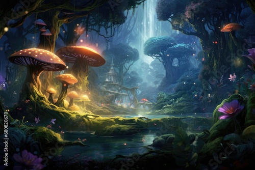 Fairy Tale Forest: A magical forest scene with fairies, elves, and enchanted creatures.  © OhmArt