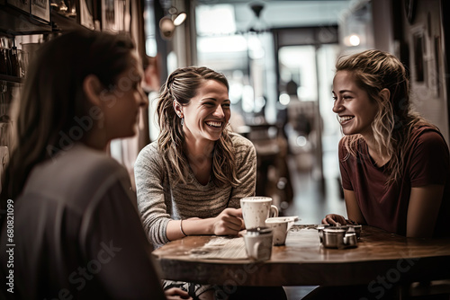 A group of women  friends  in a warm and cozy coffee shop  cafe  restaurant  talking  chatting  discussing  laughing  enjoying each other s company  friendship  love  bonding 