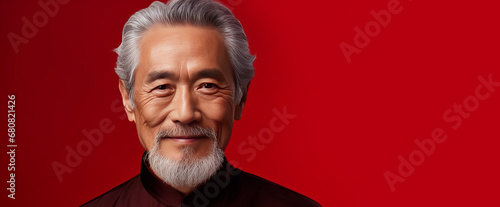 Elegant smiling elderly Asian man with gray hair, on a red background, banner, copy space, portrait.