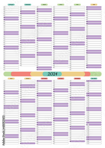 Calendar planner for 2024 in vertical format with the ability to record for 12 months. The size is proportional for printing. Vector