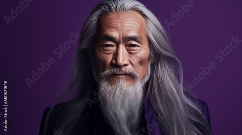 Portrait of an elderly handsome Asian senior man old with gray long hair, on a purple background, banner.