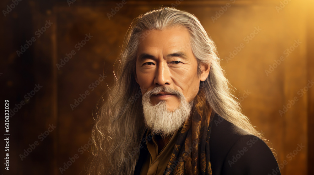 Portrait of an elderly handsome Asian senior man old with gray long hair, on a golden background, banner.