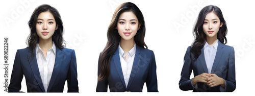 woman with an asian face, a sweet smile, a woman White shirt, black suit, long hair