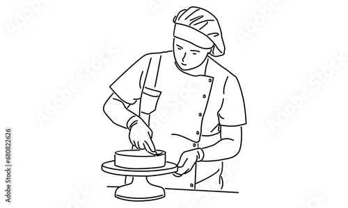 line art of chef baking and decorating cake