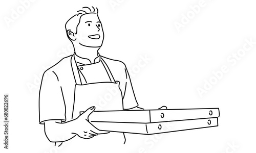 line art of chef with boxes of pizza