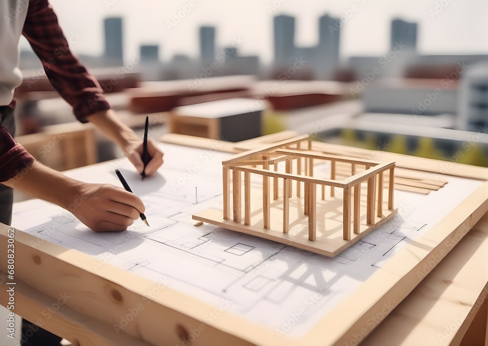 Architect hands write building plan with model house or building on
