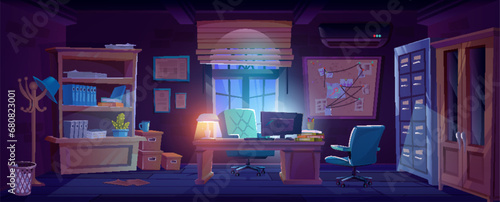 Detective room or police office interior with furniture and equipment in night or evening. Crime bureau with pc on desk and chair, investigation map on pin board, bookcase with archive documents.