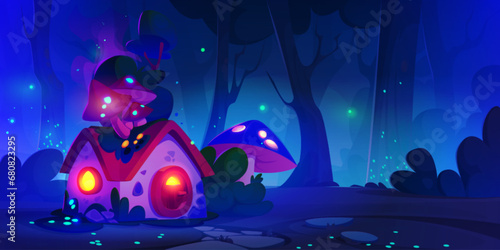Fairy forest wonderland with magic tiny house with mushrooms for gnomes or elves at night. Cartoon vector fantasy landscape with cute tale or game home for little inhabitants with light in windows.