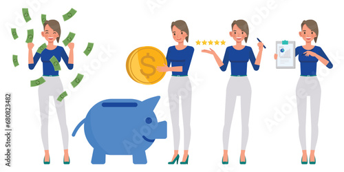 Set of working woman wear blue shirt color character vector design. Presentation in various action. Businesswoman working in office planning  thinking and economic analysis on isolated white backgroun