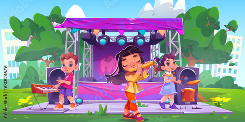 Children music band perform with instruments in front of scene in city park. Cartoon vector illustration of outdoor kid concert on talent festival. Kindergarten or school creative artistic activity.
