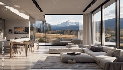 Modern Minimalist Scandinavian Living Room with Beautiful Mountain View © Nouzen
