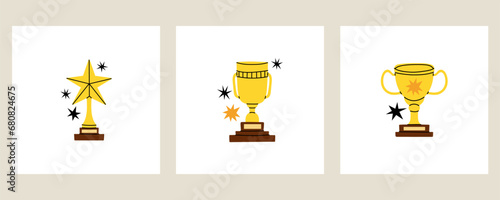 Cartoon cup. Gold goblet set. Competition and tournament golden winner prize. Business award, game victory sign, first place trophy. Isolated elements. Achievement icon. Vector modern illustration