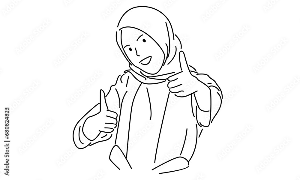 line art of female dressed in hijab showing thumbs up sign