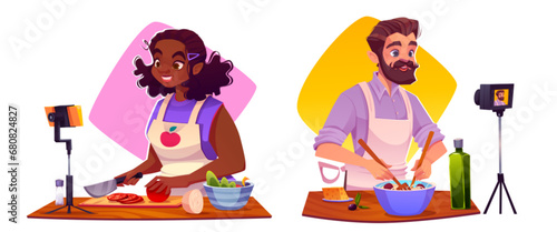 Food bloggers cooking healthy food on camera isolated on white background. Vector cartoon illustration of amateur cook man and woman streaming kitchen video online, ingredients on table, vlog content
