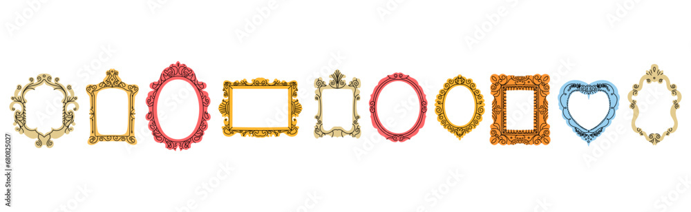 Vintage frame set. Picture border. Various decorative isolated elements different forms in doodle style. Elegant retro frameworks. Modern mirror design. Art gallery objects. Vector illustration - obrazy, fototapety, plakaty 