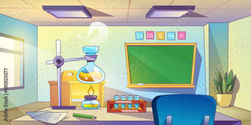 Chemistry classroom interior. Vector cartoon illustration of school science classroom with lab glass flasks, test tubes, funnel and burner with fire on desk, blackboard on wall, college education