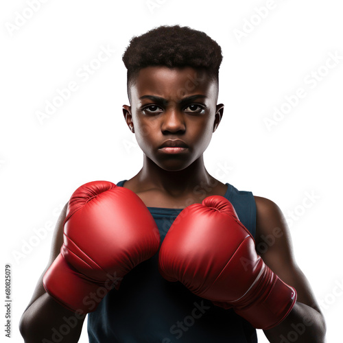 Young black boy in boxing  with gloves.  teen athlete. strong willed. isolated on transparent background. PNGs © Gasi