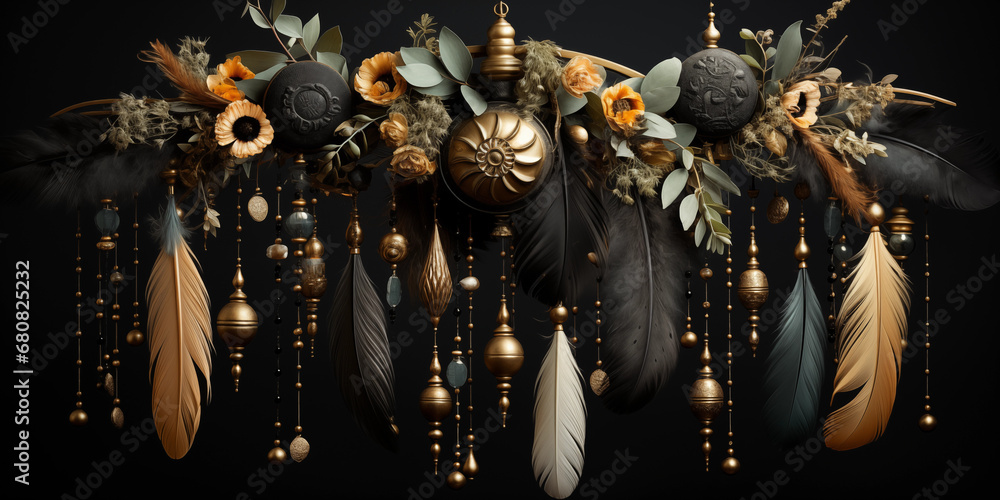 Naklejka premium Adventskranz in gold und schwarz mit wunderschöner Dekoration im Querformat als Banner, ai generativ