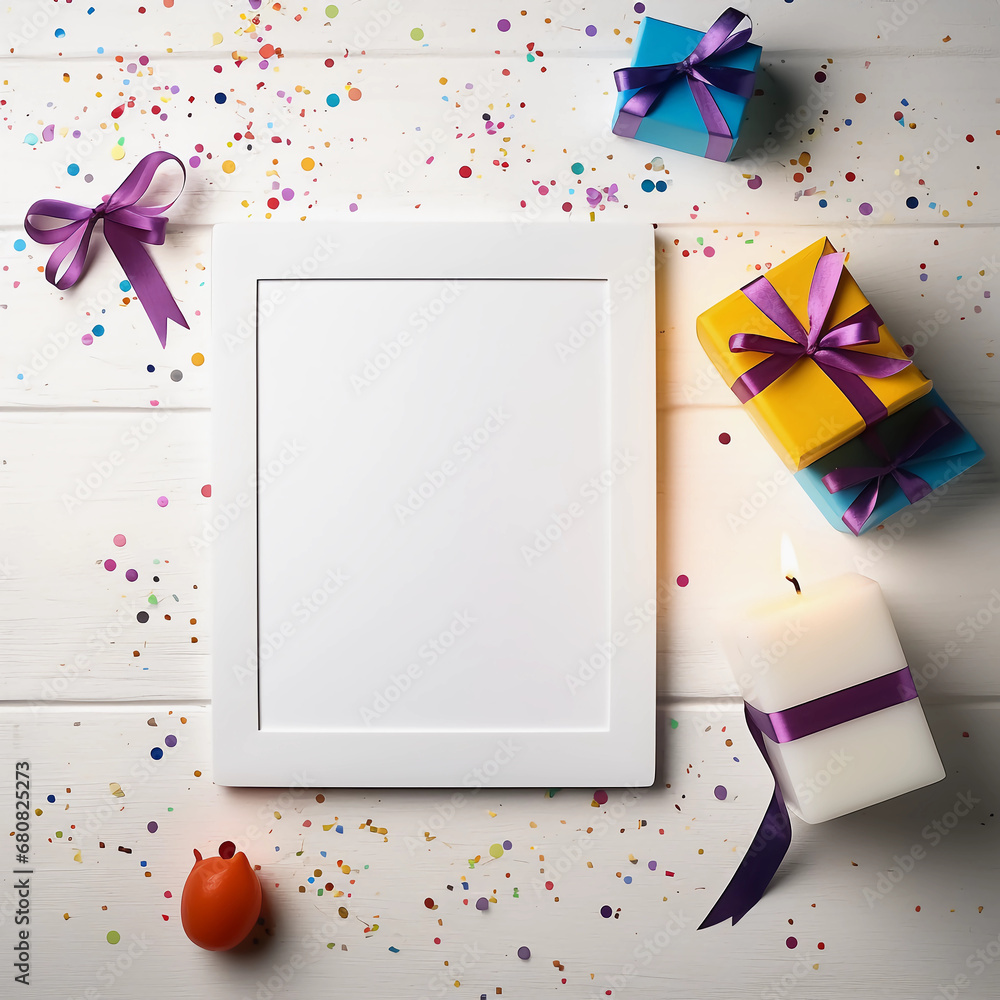 Blank white empty frame, white note or mock up with gift ribbon bow, balloons and confetti for Birthday, Merry Christmas and New Year decoration, Generative AI.