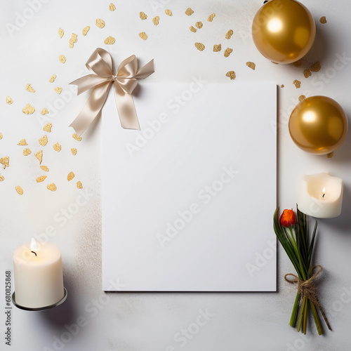 Blank white empty frame  white note or mock up with gift ribbon bow  balloons and confetti for Birthday  Merry Christmas and New Year decoration  Generative AI.