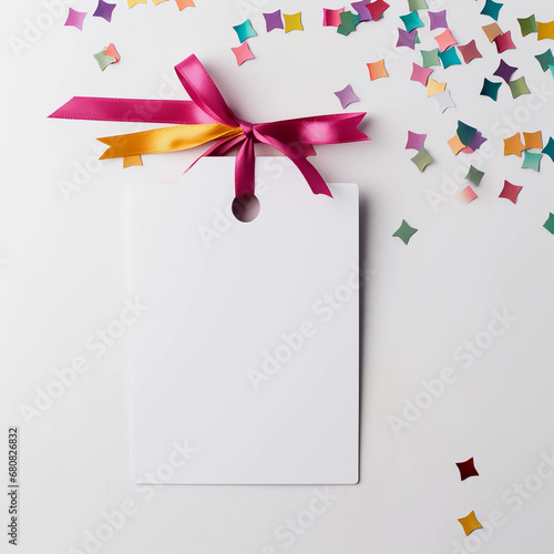 Blank white empty price tag, white note or gift card mock up with colorful gift ribbon bow and confetti for Birthday, Merry Christmas and New Year decoration, Generative AI.