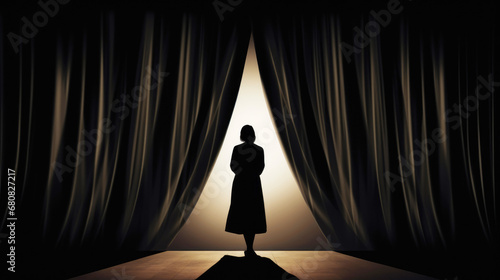 Silhouette from behind of a woman on stage looking out between parted curtains