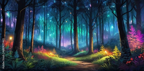 Ilustración de un bosque iluminado con luces de colores
