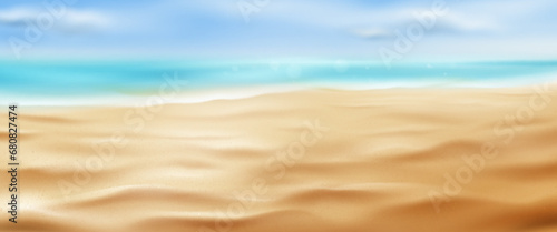 Realistic sea or ocean beach background with sand  water and clouds on sky. Panoramic vector illustration of horizon and shore with sandy texture. Tropical landscape with coastline for summer vacation
