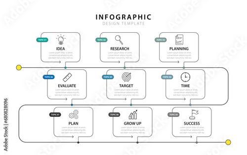 Infographic design template. Timeline concept with 9 options or steps template. layout, diagram, annual, report, presentation. Vector illustration.