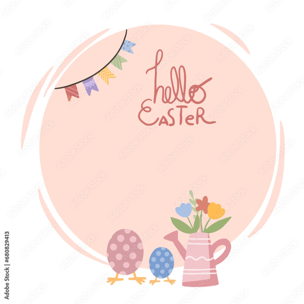Set of vector Easter cards. Eggs, sheep, hare, flowers on an Easter card. Holiday card, banner, flyer