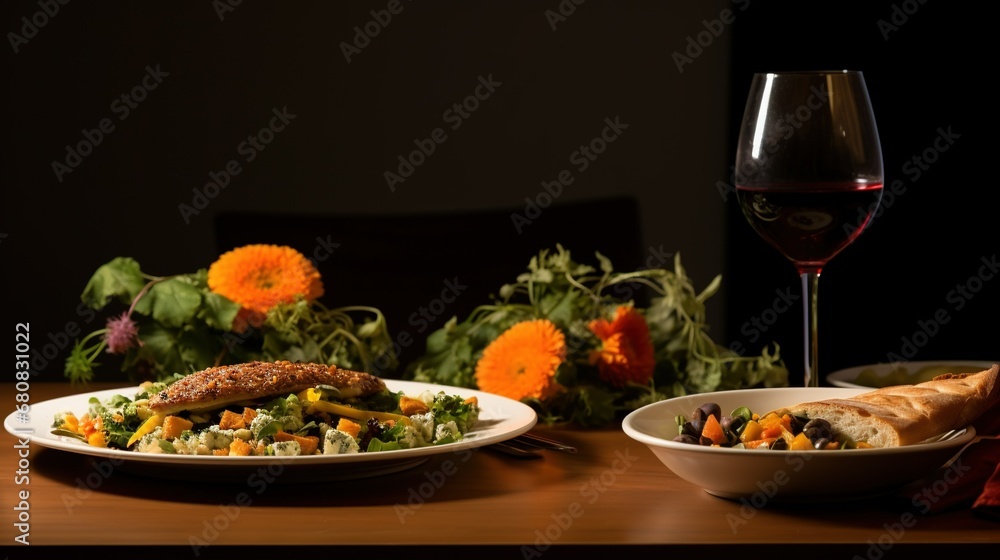 A table topped with plates of food and glasses of wine next to a bowl of salad and a glass of wine on top of a table