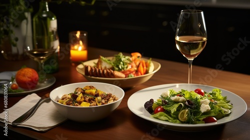 A table topped with plates of food and glasses of wine next to a bowl of salad and a glass of wine on top of a table