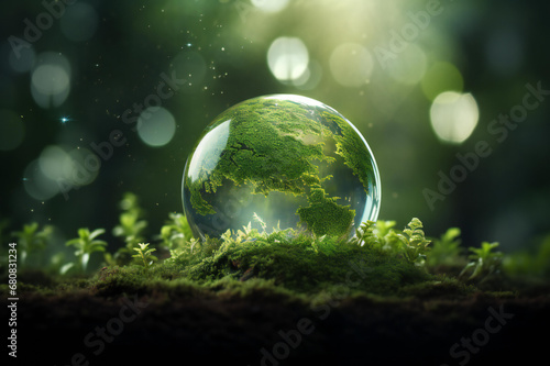 Crystal Earth planet green forest city, Environmental, and Sustainability Bio Circular Green Economy concept.