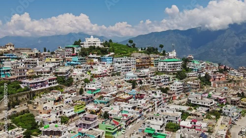 Aerial view of mountainous town New Tehri settled at the bank of Bhagirathi River in Uttarakhand. New Tehri town, near the holy city of Rishikesh the Biggest resettlement in India. photo