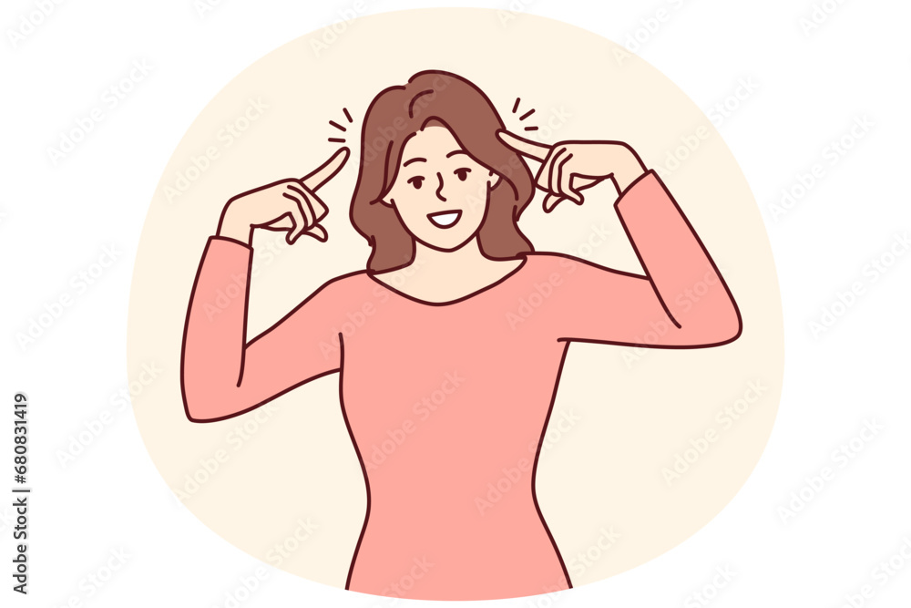 Smiling woman point at herself feeling successful and confident. Happy female show at head with fingers generate ideas. Vector illustration. Smiling woman point at herself feeling successful and confident. Happy female show at head with fingers generate ideas. Vector illustration.
