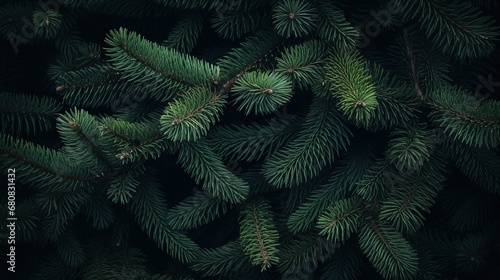 Beautiful Christmas Background with green pine tree brunch close up, trendy moody dark toned design for seasonal quotes