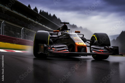 Racing triumph Formula car speeds past the finish line, with a motion-blurred background. AI Generative wonder adds excitement to this dynamic scene.