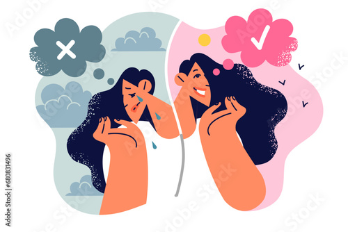 Woman experiences mood changes due to different weather and seasonal climate change 