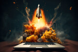 Business liftoff Space rocket shuttle launches from laptop, symbolizing progress and success. AI Generative magic elevates this concept of advancement.