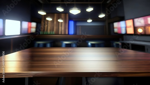 wooden table top with blue lights in the background, ptorealism, blurred environment background, wooden background, restaurant interior ptography, Generative Ai