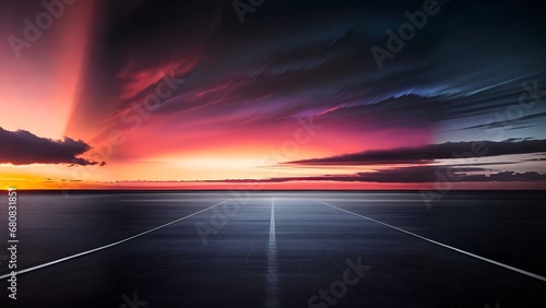 an empty runway with a dark sky and clouds, a matte painting, lyrical abstraction, ht landscape background, dark tenebrous blue background, opalescent ht background. Generative Ai photo