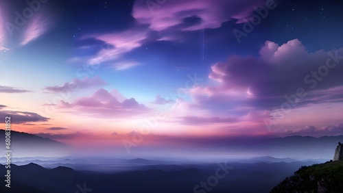 a beautiful purple sky with clouds and stars, a matte painting, light and e, luminous sky heaven background, cosmic skies, background heavenly sky, Generative Ai
