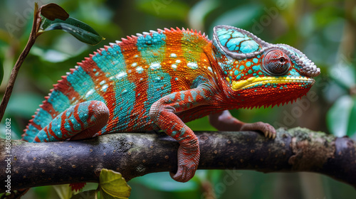 A multicolored chameleon sits on a tree branch in the rainforest, displaying vibrant scales and an attentive gaze