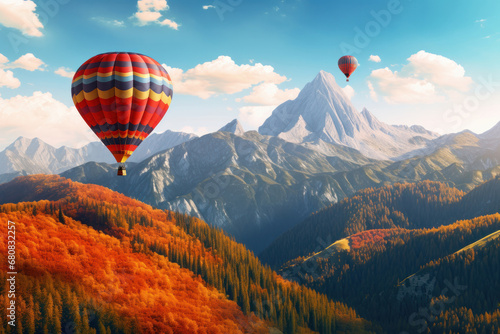 Hot air balloon flight over mountains in the evening, offering a unique perspective of the tranquil forested landscape. AI Generative.