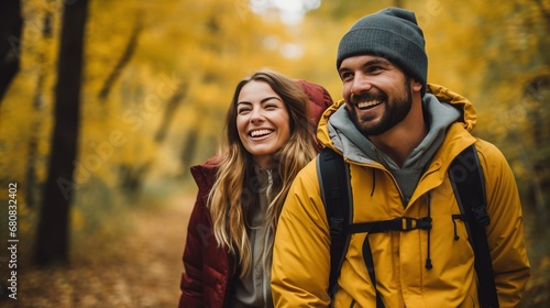 Bright happy vivid photography of a couple hiking in autumn park