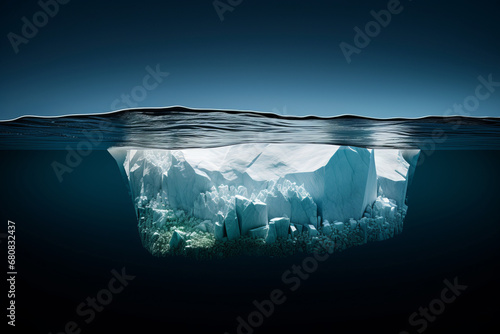 A small fraction revealed, the tip of an immense iceberg breaks the underwater surface in a stunning winter landscape. AI Generative. photo