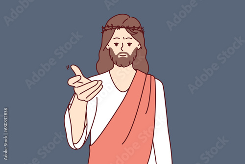 Jesus wearing crown of thorns reaches out to screen offering help and salvation as described in old testament. Jesus from christian religion and catholic bible for advertising religious events
