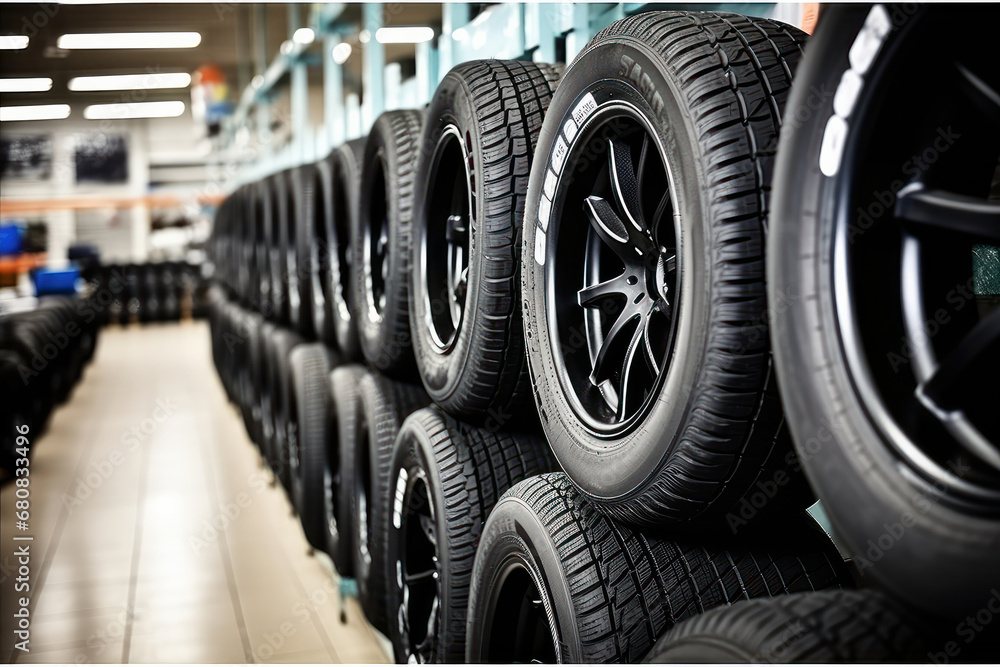 Car tires lined up in a warehouse, an essential resource for automotive service and retail businesses. AI Generative.