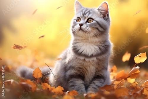 A close-up photo of a kitten sitting in a pile of autumn leaves. The kitten is a tabby with bright green eyes and fluffy fur.