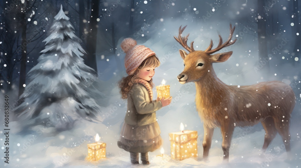 Little Girl Giving Present To A Deer in Winter Christmas Little Girl Giving Present To A Deer in Winter Christmas